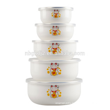 christmas gift 5 pcs enamel ice bowl with plastic cover lucky cat